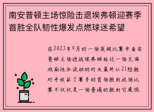南安普顿主场惊险击退埃弗顿迎赛季首胜全队韧性爆发点燃球迷希望