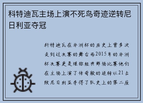 科特迪瓦主场上演不死鸟奇迹逆转尼日利亚夺冠